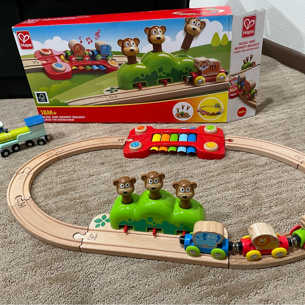 Hape Wooden Railway Set, with popping monkeys and animals
